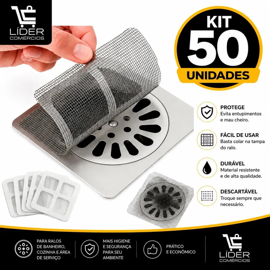 Kit 50 Unidades Tela Protetor Ralo Para Banheiro Adesivo Filtro Cinza 10x10 Cm Anti Inseto Descartavel Lider Comercios