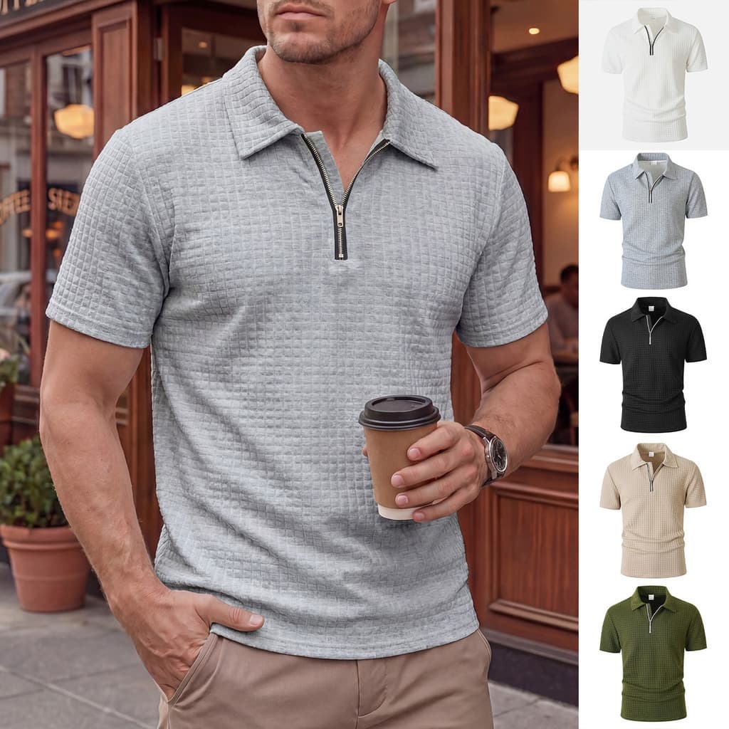Camisa esportiva casual masculina de verão com meio zíper, gola dobrável de cor sólida e design moderno. GCI5