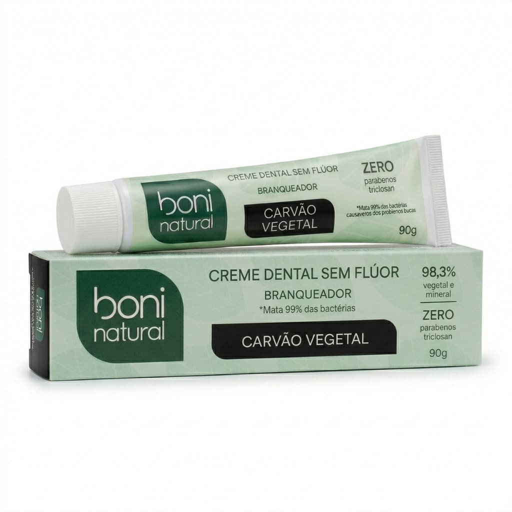 Creme Dental Branqueador Carvão Vegetal Menta Sem Fluor Vegano 90g Boni Natural