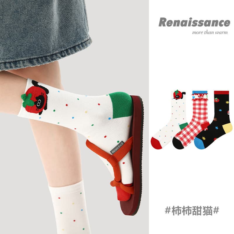 Renaissance 3 pares de meias femininas originais meias cano médio renda estilo menina