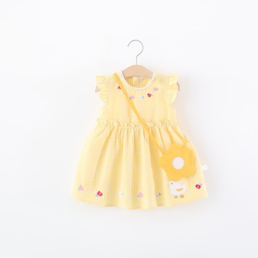 Crianças crianças roupas meninas vestido de verão bebê crianças menina dos desenhos animados bordado xadrez manga voador