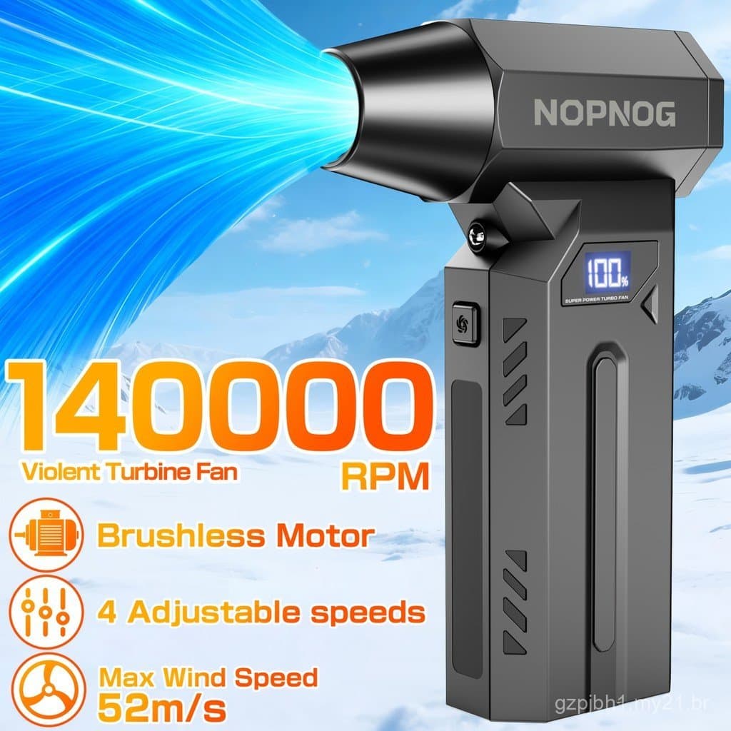 Soprador Turbo 140000RPM com Forte Sopro – 4 Velocidades, Múltiplos Bicos, Luz LED para Remoção de Neve em Carros, Limpe