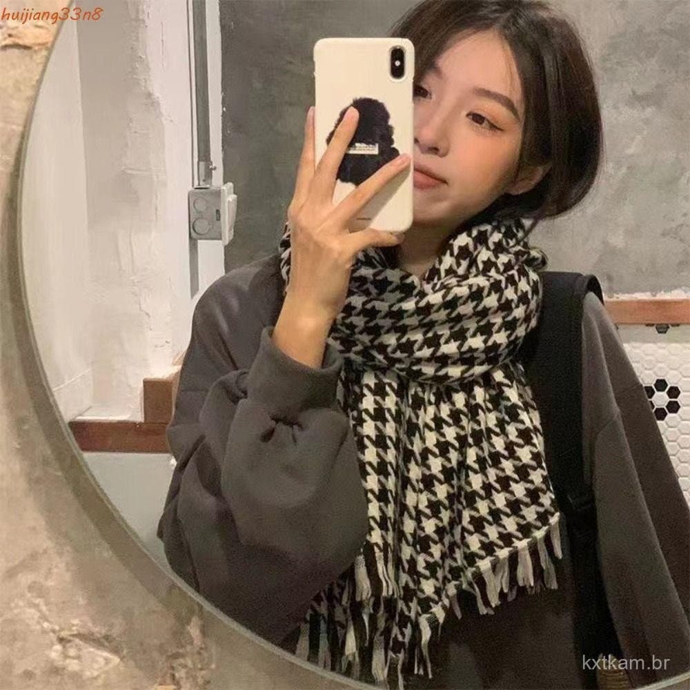Cachecol Houndstooth De Malha HUIJIANG , Lenço Xadrez Y2K À Prova De Vento Estilo Coreano , Xale De Caxemira De Inverno