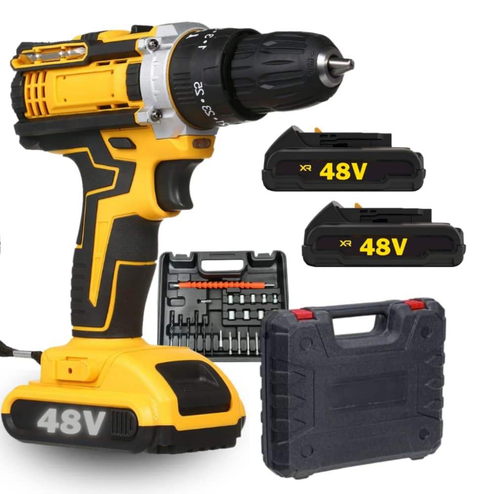 Furadeira de Impacto a Bateria 48V, Conjunto de Trabalho com Duas Baterias e Diversos Acessórios
