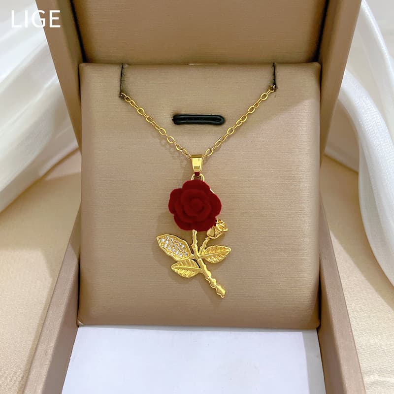 Colar com Pingente de Zircônia Rosa Elegante para Mulheres, Corrente de Aço Inoxidável, Acessórios para Festa, Presente