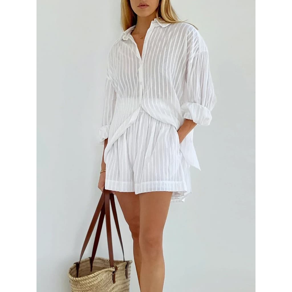 [Novo produto] Conjunto de camisa de algodão puro feminino branco listra Vertical camisa Shorts conjunto Casual [venda q