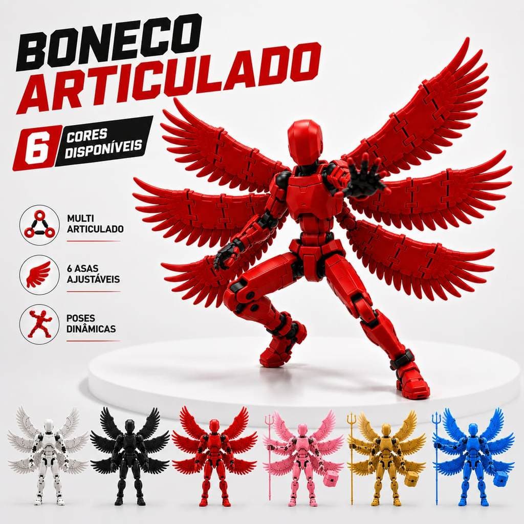 Boneco Alado Multiarticulado 18,5cm com 6 Asas Ajustáveis Figura de Ação Colecionável 6 Cores