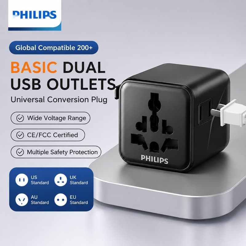 Adaptador De Viagem Universal Philips SPN1213B Tomada Lateral Ca Dupla , 2500 W Máx . 10A , Plugue Retrátil , Carregador