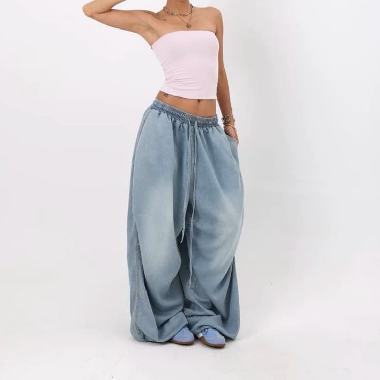 [Novo produto] American High Street Jeans de perna larga feminino estilo preguiçoso calças largas cintura elástica lavad