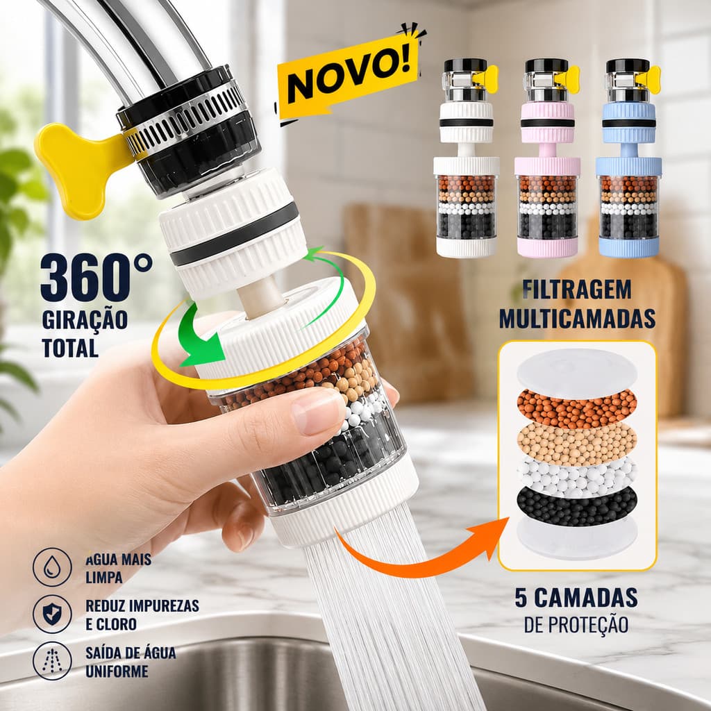 Filtro para Torneira Universal com Cabeça Giratória Adaptador de Água com Refil Filtrante