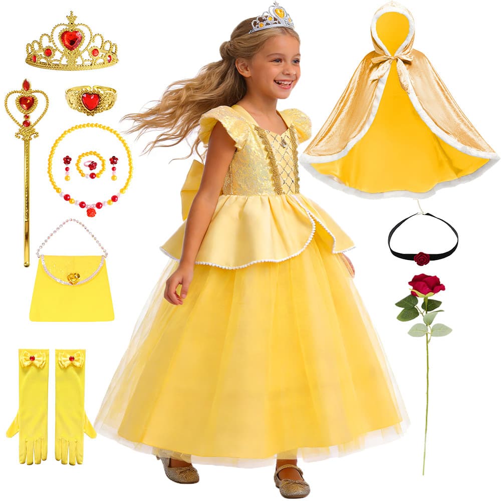 Elegante Meninas Belle Vestido De Princesa Deluxe Brilhante Ouro Puff Manga Amarelo Tule Baile Crianças Festa De Anivers