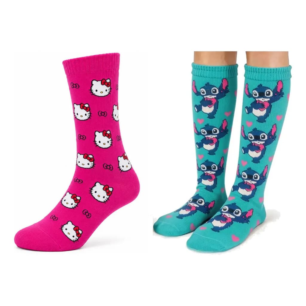 Kit 2 Meias Hello Kitty E Stitch Estampadas Personagens