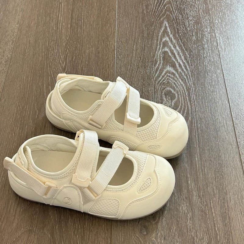 Sandálias Femininas De Verão , Sapatos Brancos Ocos Respiráveis De Sola Grossa Com Velcro