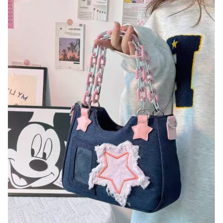 Bolsa jeans rosa estrela Y2K, bolsa de ombro com corrente dupla, bolsa Crossbody fofa Harajuku feminina KDSB