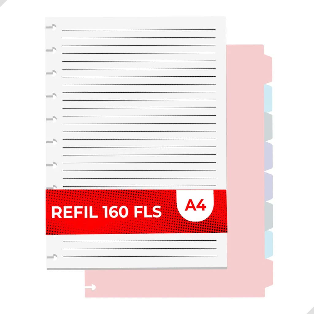 Kit 8 Divisórias + Refil 160 Folhas Pautadas Grossinhas Para Fichário Caderno Inteligente A4