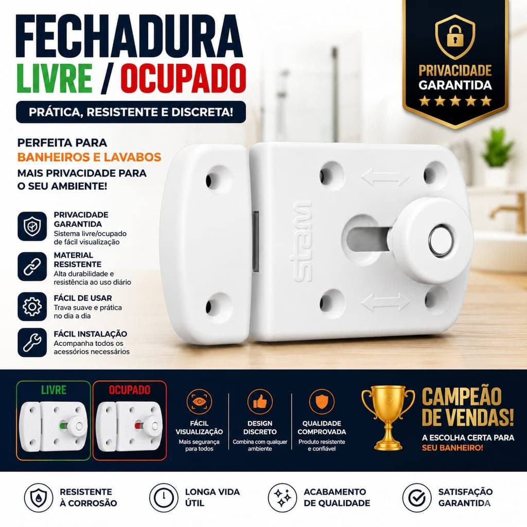 Fechadura Livre Ocupado Stam para Porta de Banheiro Indicador de Privacidade Branco