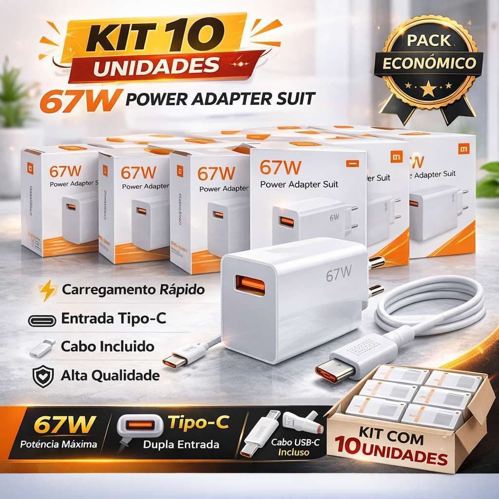 Kit com 10 carregadores rápidos USB-C de 67W, ideal para revenda