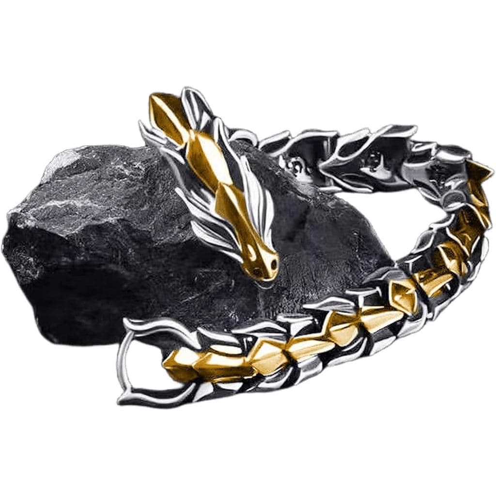 Pulseira de Corrente de Dragão Grunge & Punk Masculina em Aço Inoxidável Banhado a Ouro e Prata com Cabeça de Dragão e F