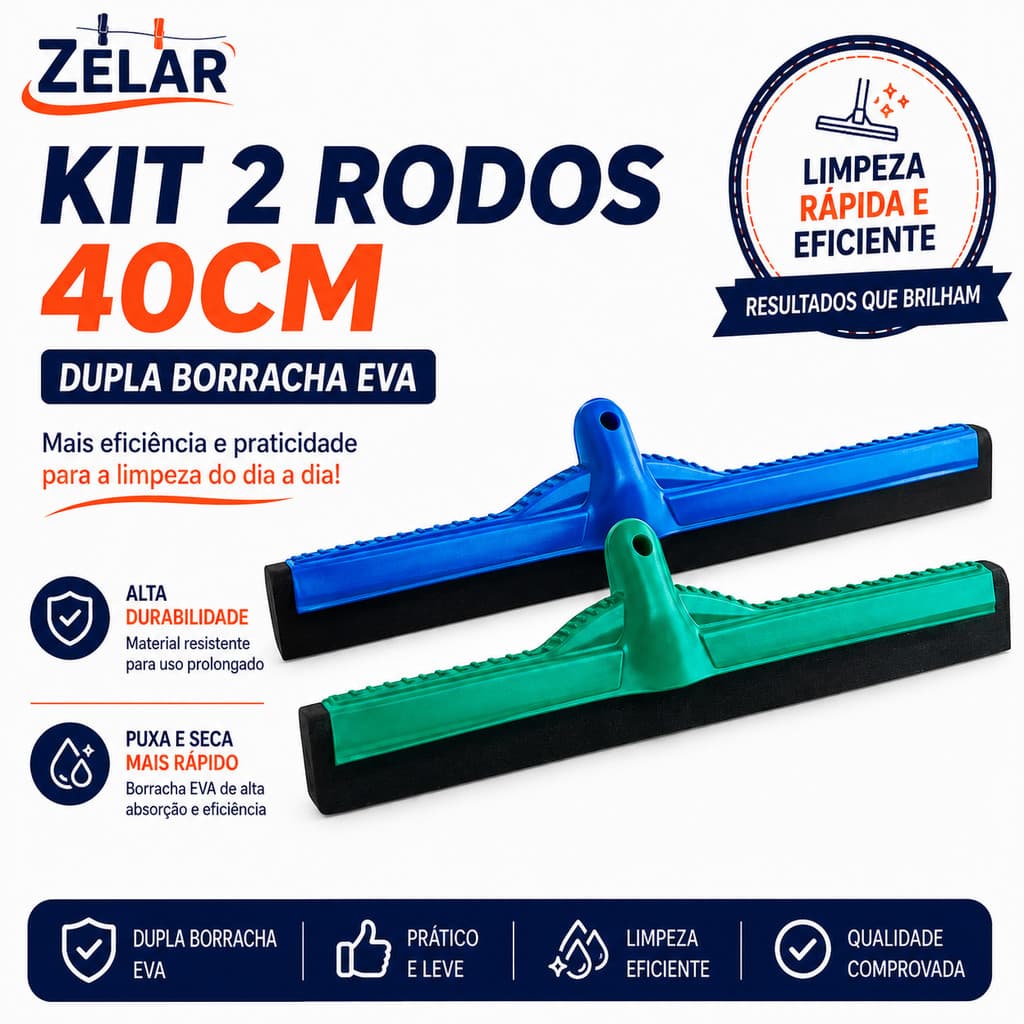 KIT 2 Rodo Medio 40CM Dupla Borracha EVA Puxa E Seca Sem cabo Eficiente Custo Beneficio