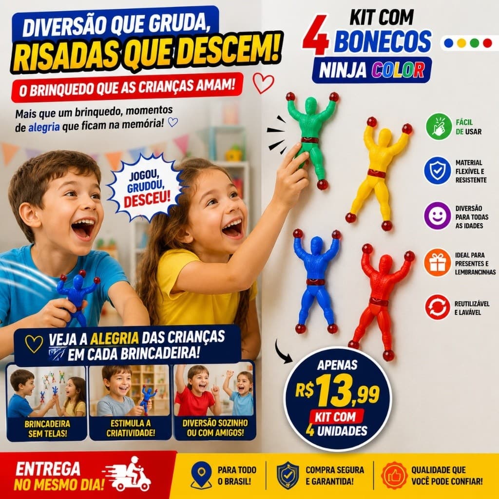 Boneco Ninja Colorido Gruda e Desce na Parede | Brinquedo Divertido Infantil Antiestresse