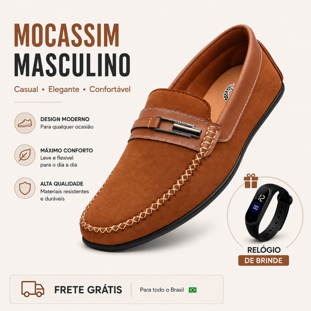 Mocassim Masculino Camurça Charmoso Premium Design Exclusivo Visual Clean + Relógio de Brinde + Frete Grátis