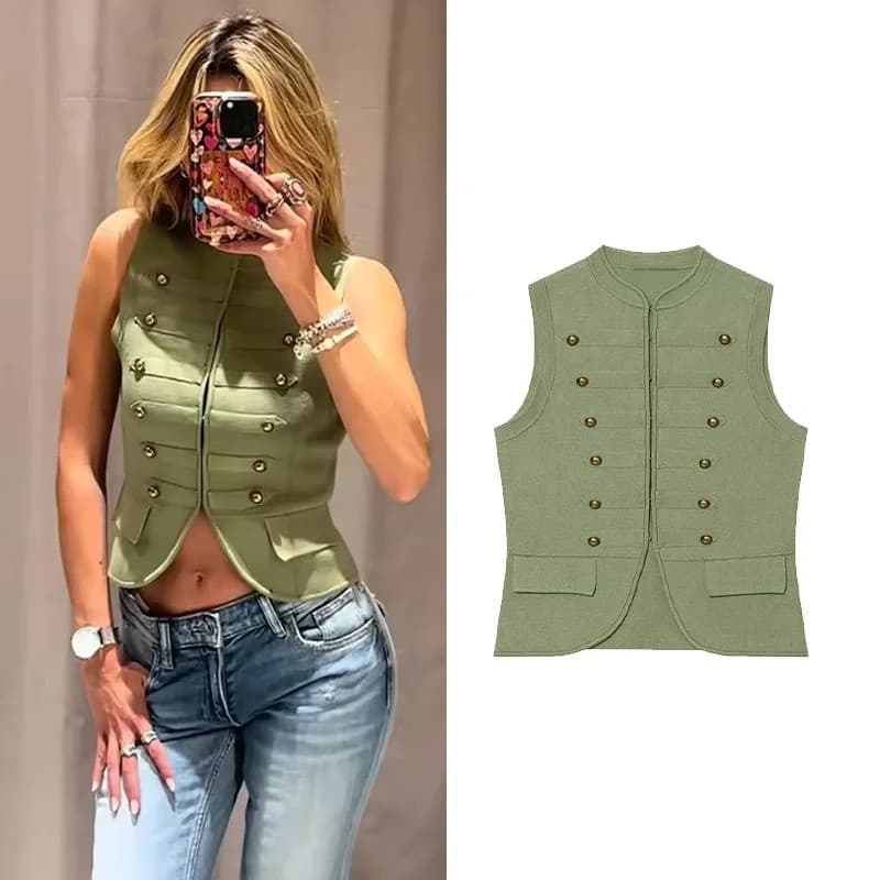 Colete de Tricô Feminino com Fechos Estilo Bombeiro Primavera Verão 2026 Simples Decote Redondo Sem Mangas Camisola Femi