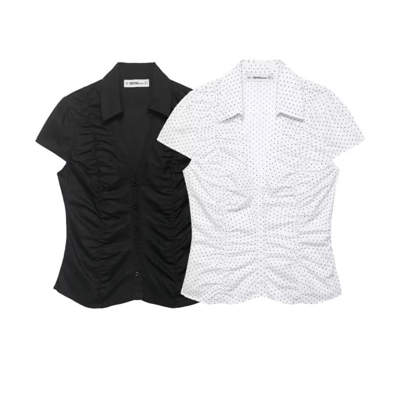 Blusa Feminina com Gola Johnny e Detalhe de Laço, Nova Coleção Primavera Verão, Estilo Vintage, Decote em V, Manga Curta