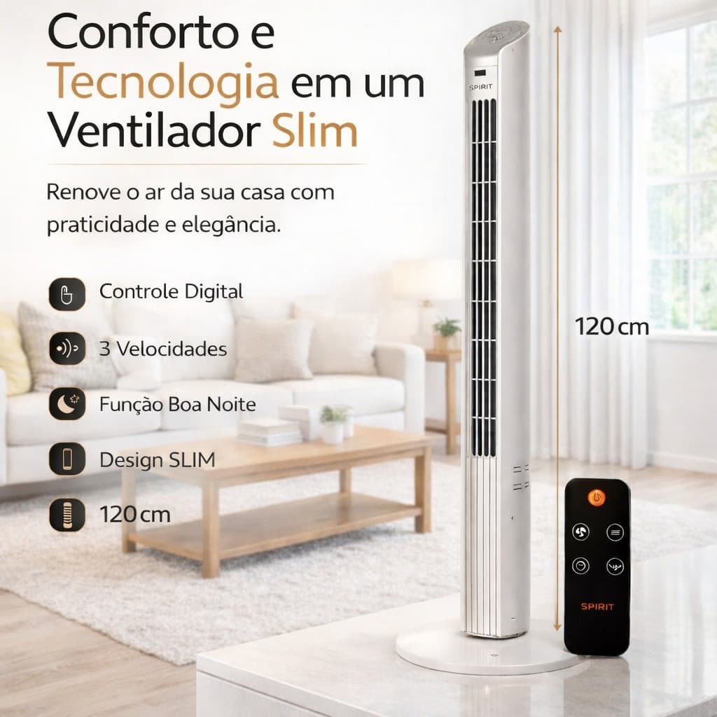 Ventilador Torre Spirit Slim 120cm 40W Silencioso Controle Remoto Branco