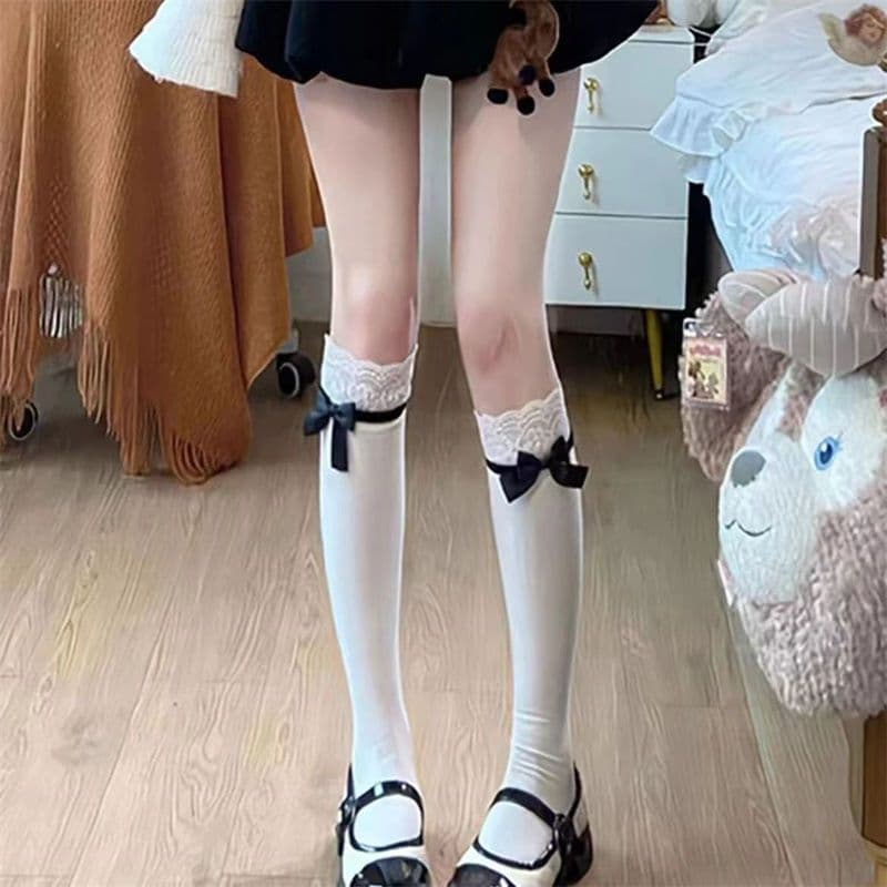 2025 primavera outono novo estilo japonês doce branco Lolita Bowknot meio tubo meias rendas All-Match meias de panturril