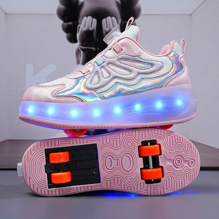 Sapatos luminosos de quatro rodas com LED, sapatos de polia invisível com um clique, meninos, meninas, estudantes, rolo