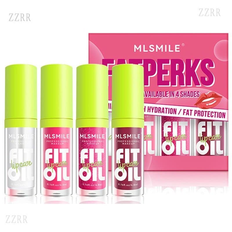 Óleo Labial 4 Cores, Brilho Labial Hidratante, Óleo Labial Brilhante e Hidratante, Óleo Labial Volumizador com Aplicador