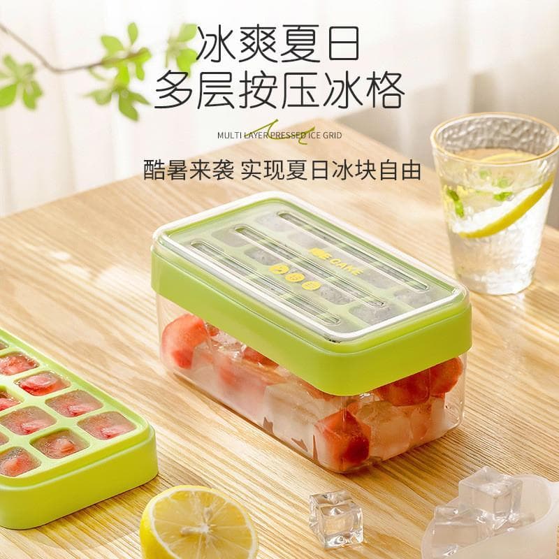 Molde de cubo de gelo doméstico, Silicone de qualidade alimentar, tipo Push, bandeja de gelo com tampa, caixa de armazen