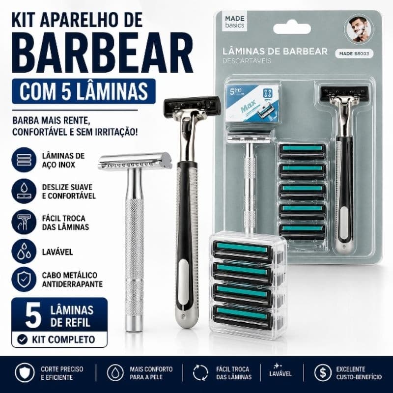 Kit Aparelho de Barbear Masculino Cabo Metálico com 5 Lâminas Refil Barbeador Lavável