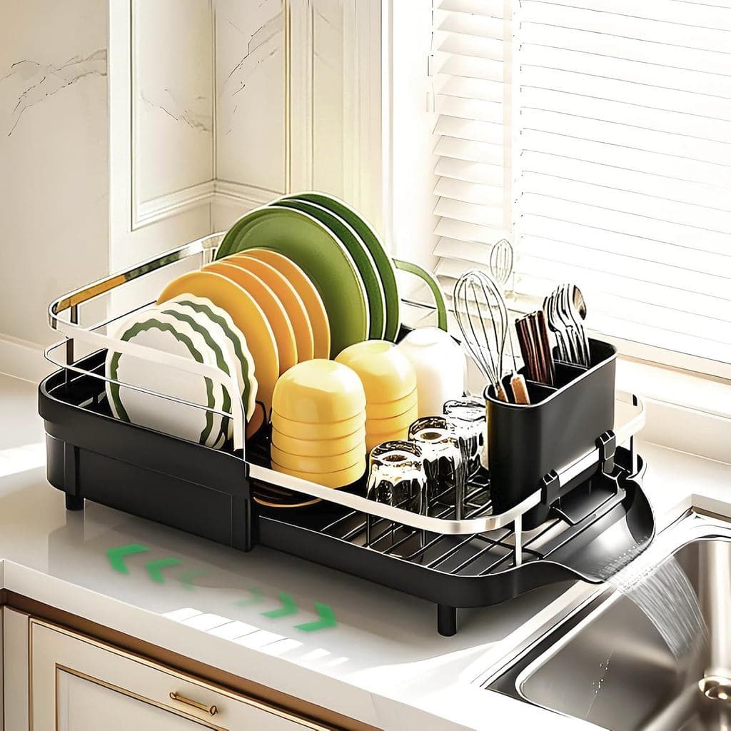 Escorredor para bancadas de cozinha, escorredor expansível vem com kit de drenagem e suporte para utensílios removível,