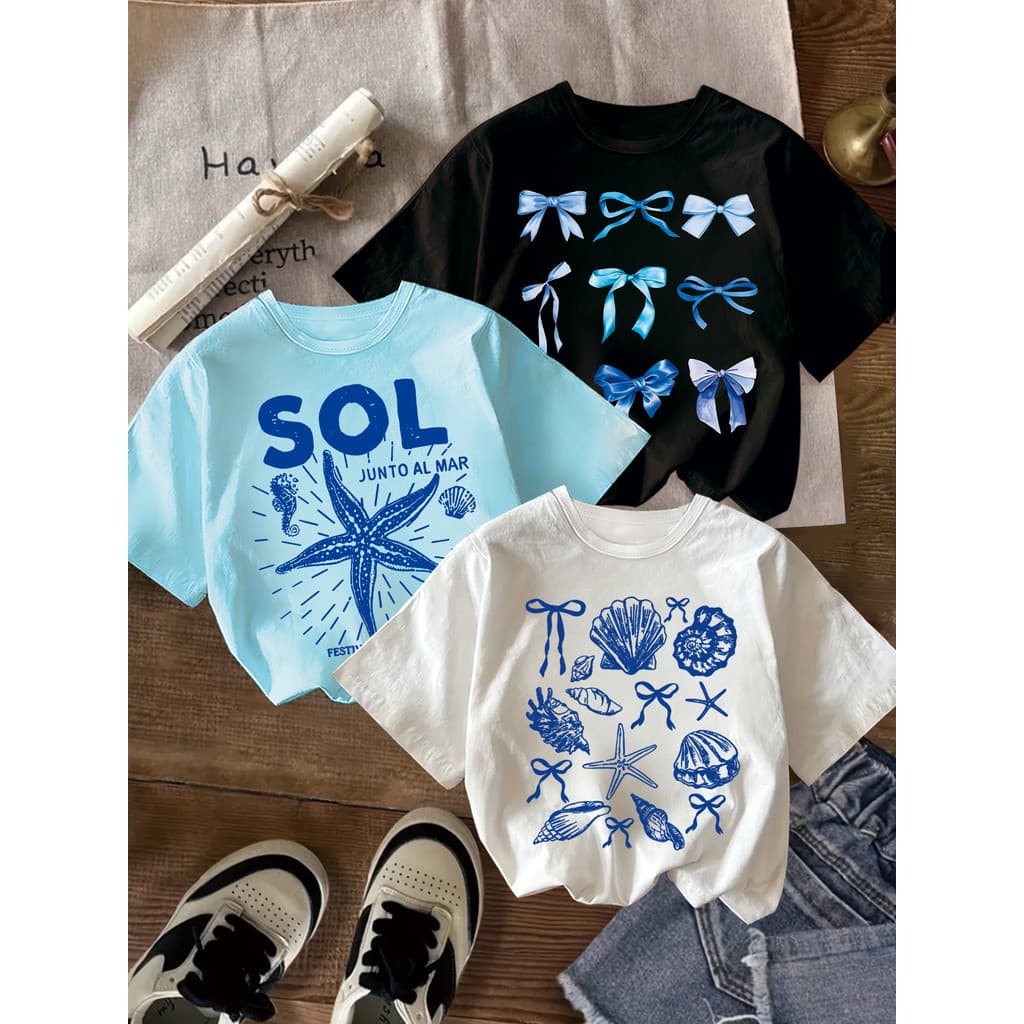 Conjunto de T-shirts Estampadas de Três Peças para Meninas, com 'Celebração do Sol e do Mar', Laços, Estrelas-do-Mar