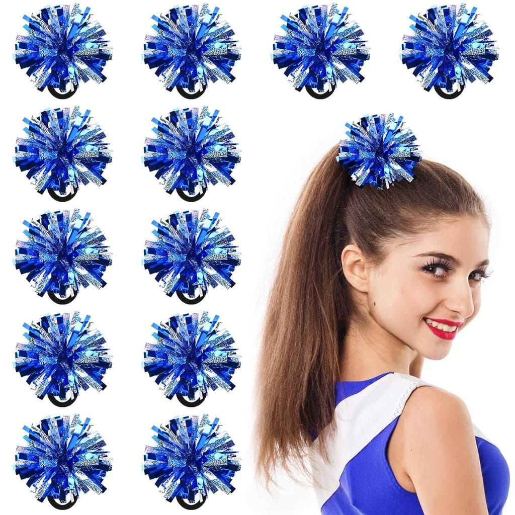 12 Peças de Elásticos de Cabelo com Pompons Metálicos para Cheerleading, Laços Elásticos para Fantasias de Festa, Pompon