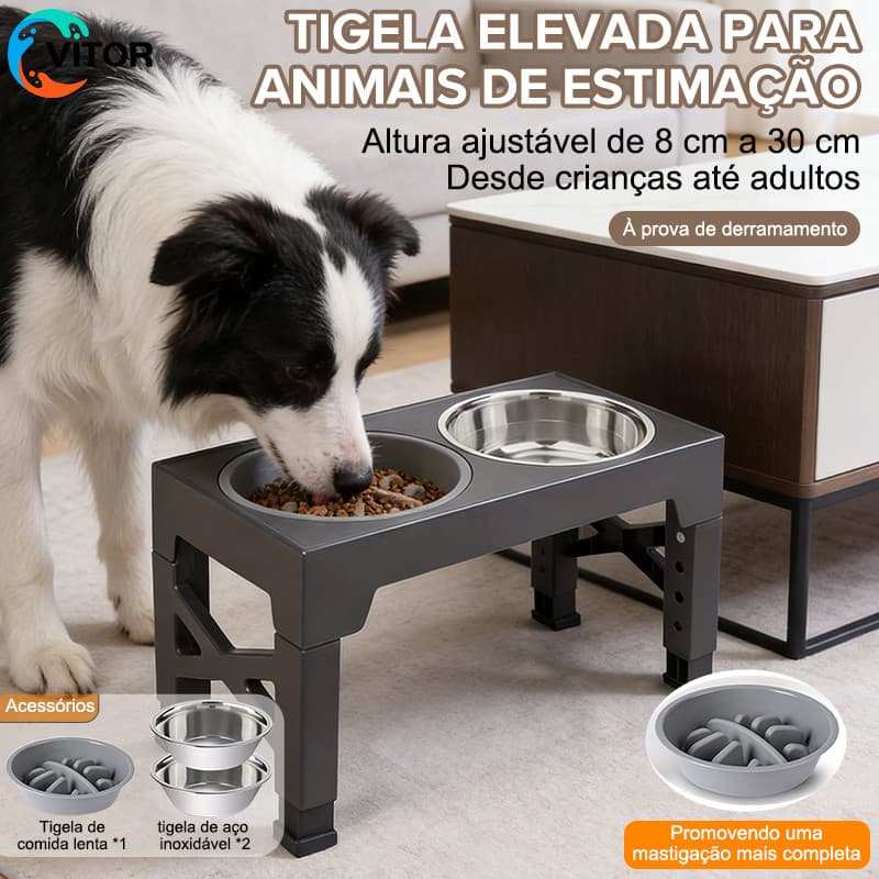 Comedouro Elevado Ajustável 5 Alturas para Cães, Dobrável com 2 Tigelas Inox + Comedouro Lento