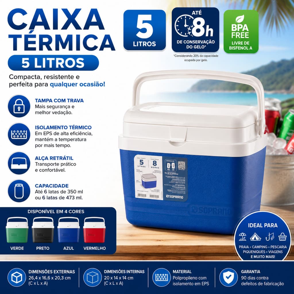 Caixa Térmica Cooler Pequeno 5 Litros com Alça Soprano