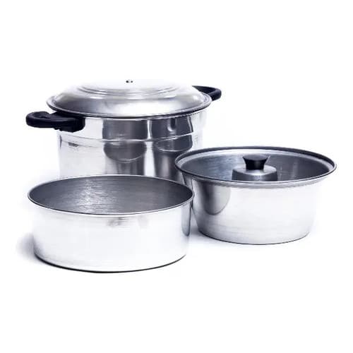 Conjunto Banho Maria Lares 3 Em 1 Alumínio Prateado 24cm Bolo Macarão Legumes Cuscuz Recheado