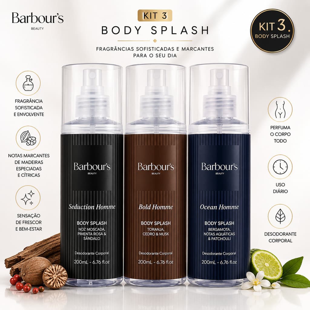 KIT 3 Body Splash Barbour's Beauty Homme 200ml Body Splash Masculino Perfume Desodorante Masculino Kit Body Splash