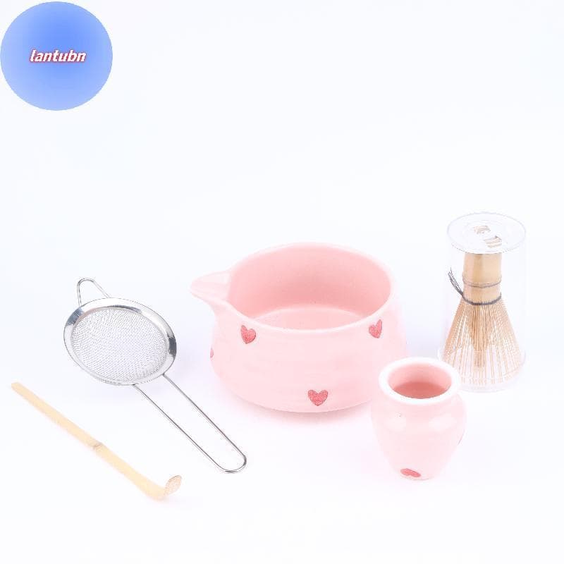 LANTUBN 2/4/5 Peças Conjunto Matcha De Cerâmica Com Decalque De Coração , Fofo Inclui Tigela , Batedor E Suporte Colher