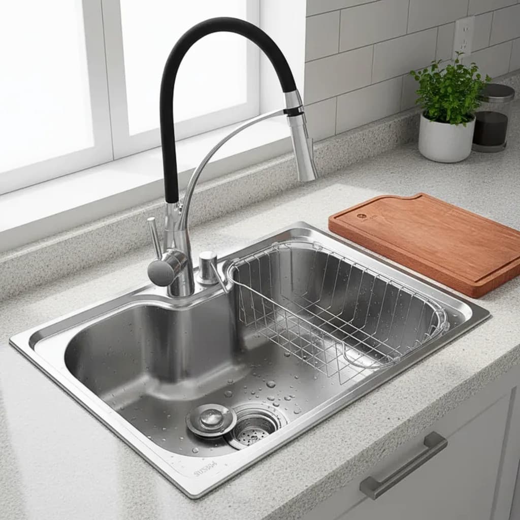 CUBA COZINHA GOURMET 60X42 INOX ESCOVADO + TORNEIRA E TÁBUA