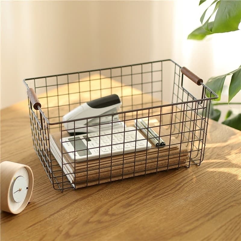 Cesta de armazenamento de ferro retrô, estrutura de ferro para mesa, livro, lanche, cesta de armazenamento de mantimento