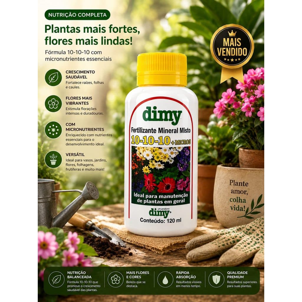 Adubo Dimy Fertilizante 10-10-10  NPK 120ml Nutrição Completa para Plantas