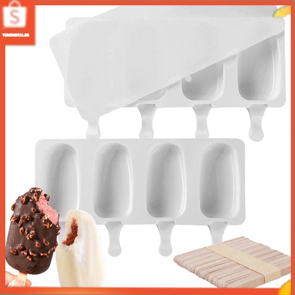 Tomdigital.br Moldes para sorvete de silicone de liberação rápida 4 cavidades pop oval com palitos de madeira para bolo