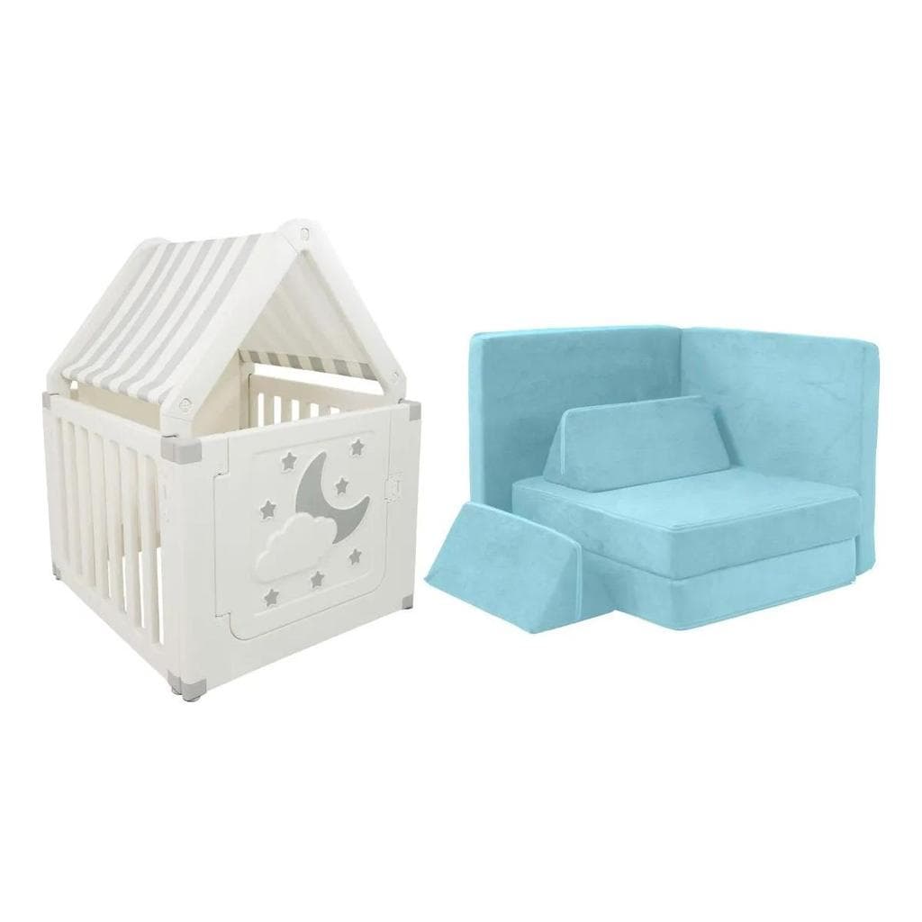 Kit Casinha Infantil E Sofá De Brincar Para Crianças Freso Cinza E Verde Lúdico