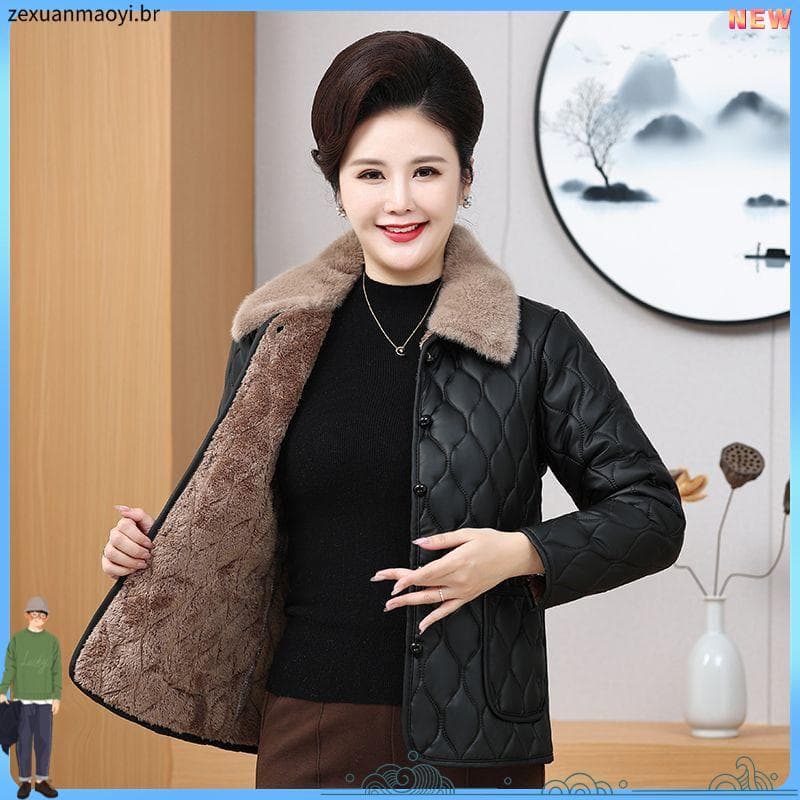 Inverno PU novo estilo grosso algodão acolchoado jaqueta velo acolchoado quente mãe estilo ocidental jaqueta acolchoada