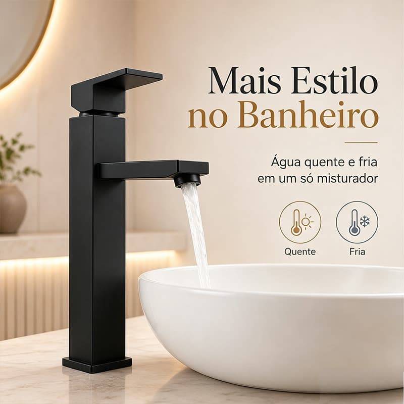 Torneira Misturadora Quente Fria Preta Quadrada Multiuso Para Banheiro E Cozinha