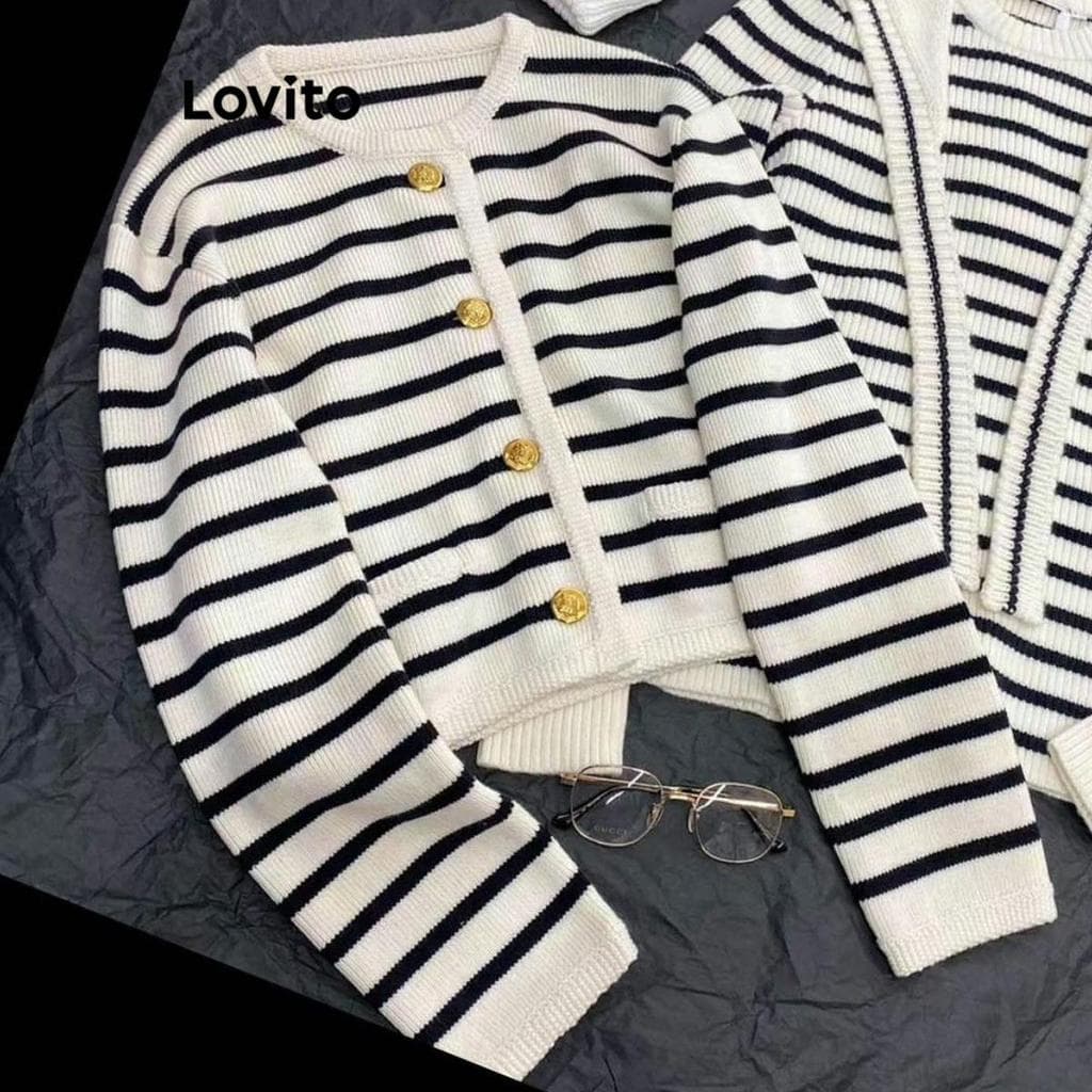 Lovito Curto Casual Cardigans Listrados Com Botões Frontais Baggy Para Mulheres LNL61203