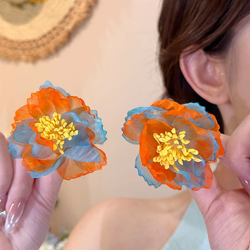 Agulha de prata gaze flor brincos feminino laranja azul gradiente Design temperamento tridimensional brincos exagerados